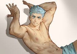 Rule 34 | 1boy, abs, absurdres, aqua eyes, aqua hair, aqua shorts, armpits, bara, hands up, highres, large pectorals, male focus, ming feng (disx sleep), muscular, muscular male, nipples, original, pectorals, seductive smile, short hair, shorts, sideburns, smile, solo, stomach, thick eyebrows, topless male