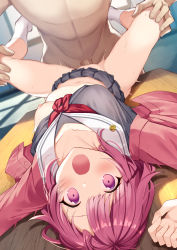 Rule 34 | 1boy, 1girl, blush, breasts, clothed female nude male, collarbone, hetero, highres, leg grab, lying, navel, nipples, nude, on back, one breast out, ootori emu, open clothes, open mouth, penis, pink eyes, pink hair, project sekai, rape, school uniform, sex, short hair, spread legs, table, uncensored, upside-down, vaginal, valueless0000, wide-eyed