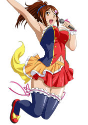 Rule 34 | 1girl, arm up, bachou mouki, bare shoulders, breasts, brown eyes, brown hair, female focus, holding, ikkitousen, jumping, large breasts, long hair, microphone, navel, official art, open mouth, ponytail, simple background, skirt, smile, solo, strapless, thighhighs, white background