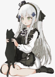 Rule 34 | 1girl, aged down, animal, apron, bad id, bad pixiv id, black apron, black bow, black bowtie, black cat, black hat, black ribbon, black socks, bow, bowtie, cat, checkered bow, checkered bowtie, checkered clothes, checkered neckwear, collared dress, commentary request, dress, facial mark, frilled apron, frills, full body, fuyu yafunu, girls&#039; frontline, green eyes, grey background, hair ornament, hair ribbon, hat, highres, hk416 (black kitty&#039;s gift) (girls&#039; frontline), hk416 (girls&#039; frontline), holding, holding animal, loafers, long hair, long sleeves, medium dress, mini hat, mini top hat, official alternate costume, open mouth, partial commentary, ribbon, shoes, silver hair, simple background, sitting, socks, solo, teardrop, top hat, wariza, white dress