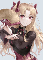 Rule 34 | 1girl, :d, ahoge, alternate costume, asle, blonde hair, blush, bow, breasts, chinese clothes, ereshkigal (fate), ereshkigal (youming niangniang) (fate), fate/grand order, fate (series), fingernails, folding fan, grey background, hair bow, hand fan, highres, holding, holding fan, long fingernails, long hair, long sleeves, looking at viewer, medium breasts, nail polish, open mouth, parted bangs, parted lips, purple nails, red bow, red eyes, simple background, smile, solo, two side up, upper body, vietnamese dress
