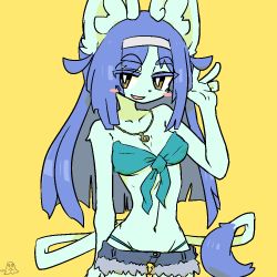 Rule 34 | 1girl, bare shoulders, blush, cat, collar, collarbone, female focus, furry, furry female, hairband, long hair, looking at viewer, navel, purple hair, short shorts, shorts, simple background, smile, solo, spoken blush, tail, the amboina, white hairband, yellow background, yellow eyes