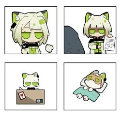 Rule 34 | 1girl, 1other, animal ears, animalization, arknights, blanket, box, cat, cat ears, cat girl, chibi, closed mouth, commentary, doctor (arknights), dress, eye mask, fragile symbol, green dress, holding, holding paper, in box, in container, jacket, jitome, kal&#039;tsit (arknights), lying, on back, paper, pillow, pointing, sidelocks, simple background, south ac, symbol-only commentary, white background, white jacket