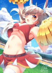 Rule 34 | 1girl, :o, absurdres, alternate costume, arm up, ayanami (azur lane), azur lane, bare shoulders, belt, blonde hair, blush, bouncing breasts, breasts, cheering, cheerleader, commentary request, copyright name, crop top, cropped shirt, day, embarrassed, from below, hair between eyes, hair ornament, hairclip, hand up, headgear, highres, holding, holding pom poms, inori (xyz5568), long hair, looking at viewer, looking down, medium breasts, midriff, miniskirt, navel, no bra, orange eyes, outdoors, pleated skirt, pom pom (cheerleading), pom poms, ponytail, red eyes, red shirt, red skirt, shirt, skindentation, skirt, sleeveless, sleeveless shirt, slit pupils, solo, stadium, stomach, surprised, thighhighs, thighs, underboob, upskirt, very long hair, wind, wind lift