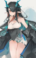 Rule 34 | 1girl, absurdres, arknights, arm tattoo, arm under breasts, black hair, black jacket, blue skin, breasts, china dress, chinese clothes, cleavage, cleavage cutout, clothing cutout, colored skin, cowboy shot, dragon horns, dress, dusk (arknights), ear piercing, green hair, hair over one eye, highres, horns, jacket, large breasts, long hair, looking at viewer, mikozin, multicolored hair, necktie, off shoulder, orange eyes, piercing, pointy ears, red necktie, sleeveless, sleeveless dress, solo, streaked hair, tattoo, white dress