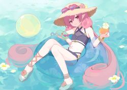 Rule 34 | 1girl, barefoot, breasts, closed mouth, curly hair, drink, drinking straw, full body, hat, highres, holding, holding drink, innertube, long hair, looking at viewer, navel, neneka (princess connect!), neneka (summer) (princess connect!), onigiri noe, pink eyes, pink hair, pointy ears, princess connect!, small breasts, smile, solo, swim ring, twintails, very long hair