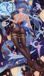 Rule 34 | 1girl, absurdly long hair, ahoge, amos&#039; bow (genshin impact), ass, bare shoulders, black pantyhose, blue hair, blush, bodysuit, bow (weapon), breasts, cameltoe, feet, from behind, ganyu (genshin impact), genshin impact, gloves, goat horns, hair between eyes, highres, horns, leotard, long hair, looking at viewer, looking back, medium breasts, pantyhose, parted lips, purple eyes, shiny clothes, shiny skin, sideboob, smile, soles, solo, thighs, those girls, toes, very long hair, waist cape, weapon