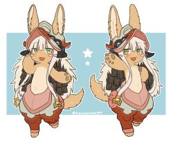 Rule 34 | 1other, ambiguous gender, animal ears, artist name, bad id, bad twitter id, blush, full body, furry, green eyes, kawasemi27, looking at viewer, made in abyss, multiple views, nanachi (made in abyss), open mouth, short hair, smile, tail, twitter username, white hair