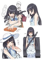 Rule 34 | 1boy, 1girl, :d, angry, annoyed, bag, bare shoulders, black hair, blouse, blue neckwear, blue ribbon, blue shirt, blunt bangs, blush, bow, bowtie, car interior, embarrassed, floating hair, frilled shirt, frills, from side, furrowed brow, hand on own face, hat, hat ribbon, highres, hime cut, holding, holding bag, idolmaster, long hair, long skirt, looking to the side, mayuzumi fuyuko, motion lines, multiple views, narrowed eyes, open mouth, outstretched arm, producer (idolmaster), ribbon, seatbelt, shaded face, shirt, shopping bag, shouting, simple background, sitting on hand, skirt, sleeveless, sleeveless shirt, smile, solo focus, sun hat, teshima nari, translated, tsundere, v-shaped eyebrows, whispering, white background, white headwear, white skirt, yellow eyes