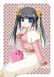 Rule 34 | 1girl, :3, acolyte (ragnarok online), black hair, blue eyes, blush, border, breasts, capelet, checkered background, closed mouth, commentary request, cowlick, feet out of frame, flower, furukawa lemon, holding, holding flower, long hair, long sleeves, looking at viewer, medium breasts, outside border, pink flower, pink shirt, poring, ragnarok online, shirt, skirt, slime (creature), twintails, white border, white capelet, white skirt