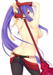 Rule 34 | 1girl, antenna hair, ass, holding behind back, black pants, blazblue, blazblue: central fiction, blazblue variable heart, blue hair, blush, bow, breasts, butt crack, cowboy shot, daiaru, fingerless gloves, from behind, genderswap, genderswap (mtf), gloves, hair between eyes, hair bow, highres, holding, holding weapon, large breasts, long hair, looking at viewer, lowleg, lowleg pants, mai natsume, no panties, outseal, pants, polearm, ponytail, purple eyes, revealing clothes, ribbon, sidelocks, solo, spear, standing, topless, very long hair, weapon, yellow bow