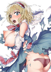 Rule 34 | 1girl, absurdres, alice margatroid, ass, blonde hair, blue dress, blue eyes, blush, breast hold, breasts, breasts out, capelet, cowboy shot, crying, crying with eyes open, dissolving clothes, dress, embarrassed, frilled hairband, frilled neckwear, frilled sash, frills, gunnjou yosio, hairband, highres, large breasts, lolita hairband, looking at viewer, nipples, no bra, open mouth, panties, red hairband, red neckwear, red panties, red sash, sash, short hair, simple background, solo, streaming tears, tears, torn capelet, torn clothes, torn dress, torn panties, torn sleeves, touhou, twisted torso, unaligned breasts, underwear, white background, white sleeves