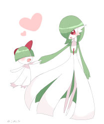 Rule 34 | 1girl, 1other, arm at side, artist name, blunt bangs, blush, bob cut, bowl cut, child, colored skin, creatures (company), flat chest, full body, game freak, gardevoir, gen 3 pokemon, green hair, green skin, hair over one eye, happy, heart, highres, holding hands, looking at another, looking down, multicolored skin, nekopanda, nintendo, one eye covered, open mouth, pokemon, pokemon (creature), ralts, red eyes, short hair, signature, simple background, smile, standing, two-tone skin, white background, white skin