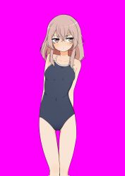 Rule 34 | 1girl, bare arms, bare shoulders, black one-piece swimsuit, blush, breasts, brown eyes, brown hair, closed mouth, collarbone, commentary request, covered navel, feet out of frame, female focus, gluteal fold, hair between eyes, highres, inui sajuna, long hair, looking away, looking to the side, luke (b10a3123m), one-piece swimsuit, purple background, simple background, small breasts, solo, sono bisque doll wa koi wo suru, standing, swimsuit, thigh gap