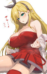 Rule 34 | 1girl, :o, aqua eyes, bare shoulders, black hairband, blonde hair, blush, commentary request, dress, hair ornament, hairband, highres, long hair, long sleeves, off shoulder, open mouth, red dress, red thighhighs, shirt, simple background, solo, strapless, strapless dress, thighhighs, thighs, tsurumaki maki, voiceroid, white background, white shirt, yappen