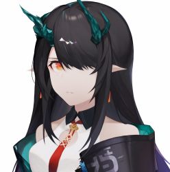 Rule 34 | 1girl, arknights, black hair, black jacket, closed mouth, commentary, dragon horns, dress, dusk (arknights), earrings, glaring, green horns, hair over one eye, highres, horns, jacket, jewelry, kuromame (sirokuji), long hair, looking at viewer, necktie, one eye covered, open clothes, open jacket, orange eyes, pointy ears, portrait, red neckwear, simple background, sleeveless, sleeveless dress, upper body, white background, white dress