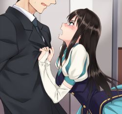 Rule 34 | 10s, 1boy, 1girl, blush, bridal gauntlets, brown hair, business suit, clothes grab, dress, formal, from side, gradient background, green eyes, head out of frame, idol, idolmaster, idolmaster cinderella girls, long hair, matsuryuu, necktie, open mouth, producer (idolmaster), producer (idolmaster cinderella girls anime), profile, puff and slash sleeves, puffy short sleeves, puffy sleeves, shibuya rin, short sleeves, star!!, striped, striped background, suit, sweatdrop, tears