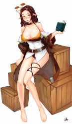 Rule 34 | 1girl, 3gs, absurdres, areola slip, belt, blush, book, breasts, brown hair, coat, collar, crate, elf, elsword, eyewear on head, glasses, highres, large breasts, long hair, mole, mole on breast, open mouth, pane (elsword), pointy ears, sitting, solo, white background, yellow eyes