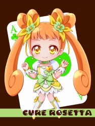 Rule 34 | 1girl, ace (playing card), ace of clubs, asahi haru, boots, bow, brooch, brown background, brown hair, card, chibi, choker, clenched hand, clenched hands, club (shape), clubs, cure rosetta, dokidoki! precure, double bun, earrings, eyelashes, flower, full body, hair bun, hair flower, hair ornament, hair ribbon, heart, heart brooch, jewelry, knee boots, long hair, magical girl, playing card, precure, ribbon, skirt, smile, solo, twintails, waist bow, wrist cuffs, yellow eyes, yotsuba alice