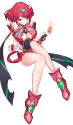 Rule 34 | 1girl, bare legs, bare shoulders, breasts, chest jewel, cleavage, cleavage cutout, clothing cutout, fingerless gloves, fire, full body, gem, gloves, green322, headpiece, highres, jewelry, large breasts, legs, magic, nintendo, pyra (xenoblade), red eyes, red footwear, red hair, red shorts, short hair, short shorts, shorts, simple background, sitting, smile, solo, swept bangs, tiara, white background, xenoblade chronicles (series), xenoblade chronicles 2