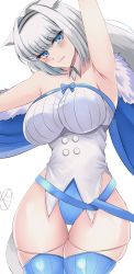 Rule 34 | 1girl, absurdres, arm up, armpits, bare arms, bare shoulders, blue eyes, blue leotard, blue thighhighs, blush, breasts, closed mouth, cowboy shot, detached collar, dobrynya nikitich (fate), fate/grand order, fate (series), fur trim, highres, kankitsu kei, large breasts, leotard, long hair, looking at viewer, simple background, smile, solo, thighhighs, white background, white hair