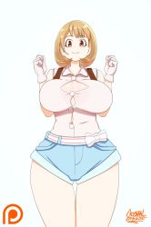 Rule 34 | 10s, 1girl, animated, animated gif, artist name, bob cut, bouncing breasts, breasts, brown eyes, brown hair, bursting breasts, crystalcheese (artist), curvy, denim, denim shorts, gloves, large breasts, looking at viewer, matching hair/eyes, narusawa ryouka, no bra, occultic;nine, short hair, short shorts, shorts, smile, solo, thigh gap, watermark, white background, wide hips