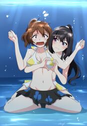 2girls :3 aauugghh_garrison bare_arms bare_legs bikini bikini_skirt black_bikini black_hair brown_eyes brown_hair closed_mouth collarbone embarrassed full_body groin heart heart_hands hibike!_euphonium highres kousaka_reina long_hair looking_at_another looking_to_the_side mismatched_bikini multiple_girls navel open_mouth oumae_kumiko ponytail purple_eyes spread_legs swimsuit underwater wavy_mouth white_bikini yuri