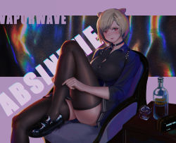 Rule 34 | 1girl, absinthe (arknights), animal ears, arknights, bear ears, black choker, black footwear, black shirt, blush, bottle, breasts, chair, chinese commentary, choker, commentary request, cup, drinking glass, feet out of frame, grey hair, highres, jangsunyo, knee up, large breasts, long sleeves, looking at viewer, partial commentary, purple background, red eyes, shirt, shoes, short hair, sitting, solo, thighhighs, thighs