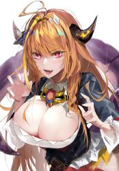 Rule 34 | 1girl, ahoge, breasts, cleavage, cleavage cutout, clothing cutout, dragon girl, dragon tail, hololive, horns, kiryu coco, kiryu coco (1st costume), large breasts, looking at viewer, open mouth, orange hair, pvc parfait, red eyes, solo, tail, teeth, tongue, twitter username, upper teeth only, virtual youtuber, white background