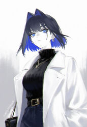 Rule 34 | 1girl, alternate costume, artist name, bag, belt, black belt, black hair, black sweater, blue eyes, blue hair, breasts, coat, colored inner hair, commentary, denim, earrings, english commentary, hair intakes, handbag, highres, hololive, hololive english, jeans, jewelry, large breasts, long sleeves, looking at viewer, multicolored hair, necklace, open clothes, open coat, ouro kronii, pants, short hair, solo, sweater, tomatoketchup96, turtleneck, turtleneck sweater, two-tone hair, virtual youtuber, white coat