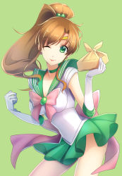 Rule 34 | 1girl, ;p, bad id, bad pixiv id, bishoujo senshi sailor moon, bow, chocofox, choker, cowboy shot, earrings, elbow gloves, gloves, green background, green eyes, green skirt, hair bobbles, hair ornament, high ponytail, jewelry, kino makoto, long hair, looking at viewer, lunchbox, miniskirt, one eye closed, parted bangs, pink bow, sailor collar, sailor jupiter, simple background, skirt, solo, stud earrings, tongue, tongue out, very long hair, white gloves