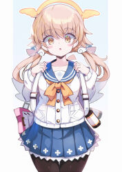 Rule 34 | 1girl, bag, black pantyhose, blue archive, blue sailor collar, blue sky, blush stickers, brown eyes, brown hair, cardigan, collarbone, gradient background, halo, hands up, hifumi (blue archive), highres, long sleeves, low twintails, medium hair, neckerchief, omochishiki, open mouth, orange neckerchief, outline, pantyhose, pleated skirt, sailor collar, school uniform, serafuku, skirt, sky, solo, twintails, white cardigan, white outline, wing hair ornament, wings