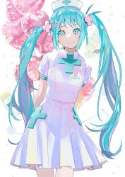 Rule 34 | 1girl, absurdres, arms behind back, balloon, bandaid, blue eyes, blue hair, blush, breasts, buttons, closed mouth, commentary request, cowboy shot, cross, cross hair ornament, dress, hair ornament, hairpin, hat, hatsune miku, higasizora-kai, highres, jar, long hair, looking at viewer, medicine, nurse, nurse cap, pill, pleated skirt, short sleeves, skirt, sleeve cuffs, small breasts, smile, solo, standing, stethoscope, twintails, very long hair, vocaloid, white background, white dress