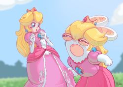 Rule 34 | :o, blonde hair, blue eyes, blue sky, blush stickers, buck teeth, commentary, crown, dress, dylean, elbow gloves, english commentary, eye contact, gloves, highres, long hair, looking at another, mario (series), mario + rabbids kingdom battle, nintendo, outdoors, pink dress, princess peach, puffy short sleeves, puffy sleeves, rabbid, rabbid peach, raving rabbids, short sleeves, signature, sky, teeth, white gloves