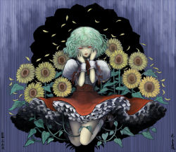 Rule 34 | 1girl, aouji, black sclera, colored sclera, female focus, flower, green hair, hands on own face, highres, kazami yuuka, kneeling, petals, petticoat, plant, puffy sleeves, red eyes, short hair, skirt, solo, sunflower, touhou, vines, wrist cuffs