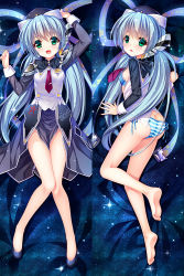 Rule 34 | 10s, 1girl, :d, arms up, ass, barefoot, bed sheet, between legs, bra, breasts, butt crack, dakimakura (medium), full body, grandia bing, green eyes, hat, hoshino yumemi, knees together feet apart, legs, long hair, looking back, low twintails, lying, multiple views, no pants, on back, on side, open clothes, open mouth, open shirt, panties, planetarian, ribbon, sheet grab, shirt, shoes, side-tie panties, skirt, small breasts, smile, soles, striped clothes, striped panties, third-party source, twintails, underwear, very long hair