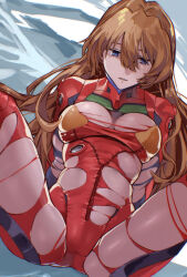 Rule 34 | 1girl, absurdly long hair, alternate hair length, alternate hairstyle, ass, bad anatomy, blue eyes, bodysuit, breasts, brown hair, evangelion: 3.0+1.0 thrice upon a time, expressionless, feet out of frame, hair between eyes, hair down, highres, long hair, lying, medium breasts, neon genesis evangelion, pilot suit, plugsuit, rebuild of evangelion, red bodysuit, shiny clothes, skindentation, solo, souryuu asuka langley, spread legs, torn bodysuit, torn clothes, very long hair, yagisawa teru