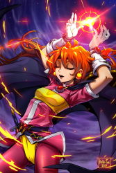 Rule 34 | 1girl, breasts, cape, earrings, closed eyes, fireball, gloves, headband, highres, jewelry, kate-fox, lina inverse, long hair, magic, orange hair, pantyhose, pendant, pink pantyhose, slayers, small breasts, solo, white gloves