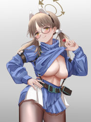 Rule 34 | 1girl, absurdres, black pantyhose, blue archive, breasts, clothes lift, glasses, highres, huge breasts, moe (blue archive), no bra, pantyhose, shirt lift, skirt, solo, thighs, underboob