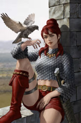Rule 34 | 1girl, armor, belt, bird, boots, chainmail, day, earrings, green eyes, high ponytail, highres, hoop earrings, jewelry, long hair, looking at viewer, midriff, outdoors, red footwear, red hair, red nails, red shorts, red sonja, red sonja (comics), short shorts, shorts, sitting, solo, stone wall, sword, weapon, yoon junggeun
