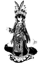 Rule 34 | 1girl, :d, barefoot, black hair, costume request, ejami, ekko (ejami), fox girl, fox tail, full body, greyscale, hat, hat feather, highres, long hair, long sleeves, monochrome, open mouth, original, smile, snake, solo, tail, taiwan, traditional clothes
