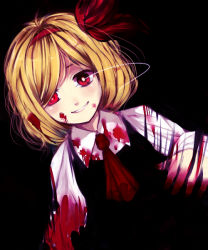 Rule 34 | 1girl, ascot, bad id, bad pixiv id, black background, blonde hair, blood, blood on clothes, blood on face, daimaou ruaeru, dark, hair ribbon, hairband, long sleeves, looking at viewer, red eyes, ribbon, rumia, short hair, simple background, smile, solo, touhou