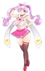 Rule 34 | 10s, 1girl, ;), ahoge, animal ears, black thighhighs, breasts, cat ears, cleavage, cleavage cutout, clothing cutout, green eyes, hairband, hand on own hip, heart, huge breasts, long hair, midriff, navel, one eye closed, pink hair, pink skirt, rosia (show by rock!!), show by rock!!, shumichi, simple background, skirt, smile, solo, thighhighs, twintails, white background