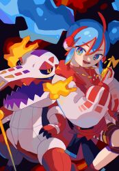 Rule 34 | 1girl, blue eyes, blue hair, cowboy shot, creatures (company), fire miku (project voltage), floating hair, game freak, gloves, hair between eyes, hatsune miku, headphones, highres, holding, jacket, long hair, long sleeves, looking at viewer, multicolored hair, nagomi ( nagomi ), nintendo, open clothes, open jacket, open mouth, pokemon, pokemon (creature), project voltage, skeledirge, solo, streaked hair, twintails, vocaloid, white jacket