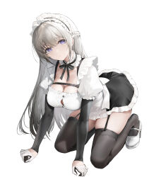 Rule 34 | 1girl, absurdres, all fours, apron, black garter straps, black thighhighs, blue eyes, breasts, closed mouth, commentary request, full body, garter straps, gloves, grey hair, half gloves, haori io, heel pop, high heels, highres, large breasts, long hair, long sleeves, looking at viewer, maid, maid headdress, mary janes, original, shoes, simple background, skindentation, solo, thighhighs, thighs, white apron, white background, white footwear, white gloves