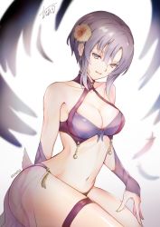 Rule 34 | 1girl, atoatto, bikini, blue eyes, breasts, cleavage, earrings, fire emblem, fire emblem: the blazing blade, fire emblem heroes, flower, hair flower, hair ornament, jewelry, large breasts, looking at viewer, matching hair/eyes, navel, nintendo, purple eyes, purple hair, short hair, smile, solo, swimsuit, thigh strap, ursula (fire emblem), ursula (summer) (fire emblem)