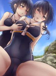 Rule 34 | 2girls, asymmetrical hair, beach, black hair, black one-piece swimsuit, blue sky, blush, breast cutout, grabbing another&#039;s breast, breath, brown eyes, cameltoe, cleft of venus, cloud, cloudy sky, day, grabbing, hair between eyes, highres, i-13 (kancolle), i-14 (kancolle), incest, kantai collection, multiple girls, no headwear, nuka (nvkka), one-piece swimsuit, open mouth, outdoors, rock, sailor collar, school swimsuit, shirt, short hair, siblings, sisters, sky, smile, swimsuit, swimsuit under clothes, twincest, twins