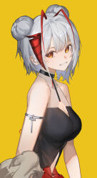 Rule 34 | 1girl, absurdres, antenna hair, arknights, bare shoulders, black shirt, breasts, cleavage cutout, clothing cutout, double bun, from side, grey hair, grin, hair bun, head tilt, headgear, highres, hui feng, jewelry, looking at viewer, multicolored hair, orange eyes, red hair, see-through, shirt, short hair, simple background, smile, solo, streaked hair, turning head, upper body, w (arknights), yellow background