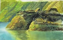 Rule 34 | building, highres, hill, hkwryyy pepe, mountain, no humans, original, painting (medium), river, riverbank, scenery, traditional media, village, water, wooden wall
