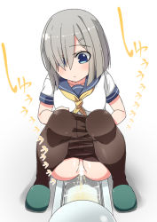 Rule 34 | 1girl, black pantyhose, blue eyes, blue sailor collar, blush, breasts, censored, clothes pull, collarbone, female focus, full body, green footwear, grey hair, hair ornament, hair over one eye, hairclip, hamakaze (kancolle), heart, heart censor, japanese text, kantai collection, medium breasts, minamimachi naname, neckerchief, pantyhose, pantyhose pull, peeing, sailor collar, school uniform, serafuku, shirt, shoes, short hair, short sleeves, simple background, solo, squat toilet, squatting, text focus, toilet, toilet use, translation request, water, white background, white shirt, yellow neckerchief